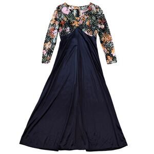 Vintage 70s Empire Waist Maxi Dress with Floral Bodice